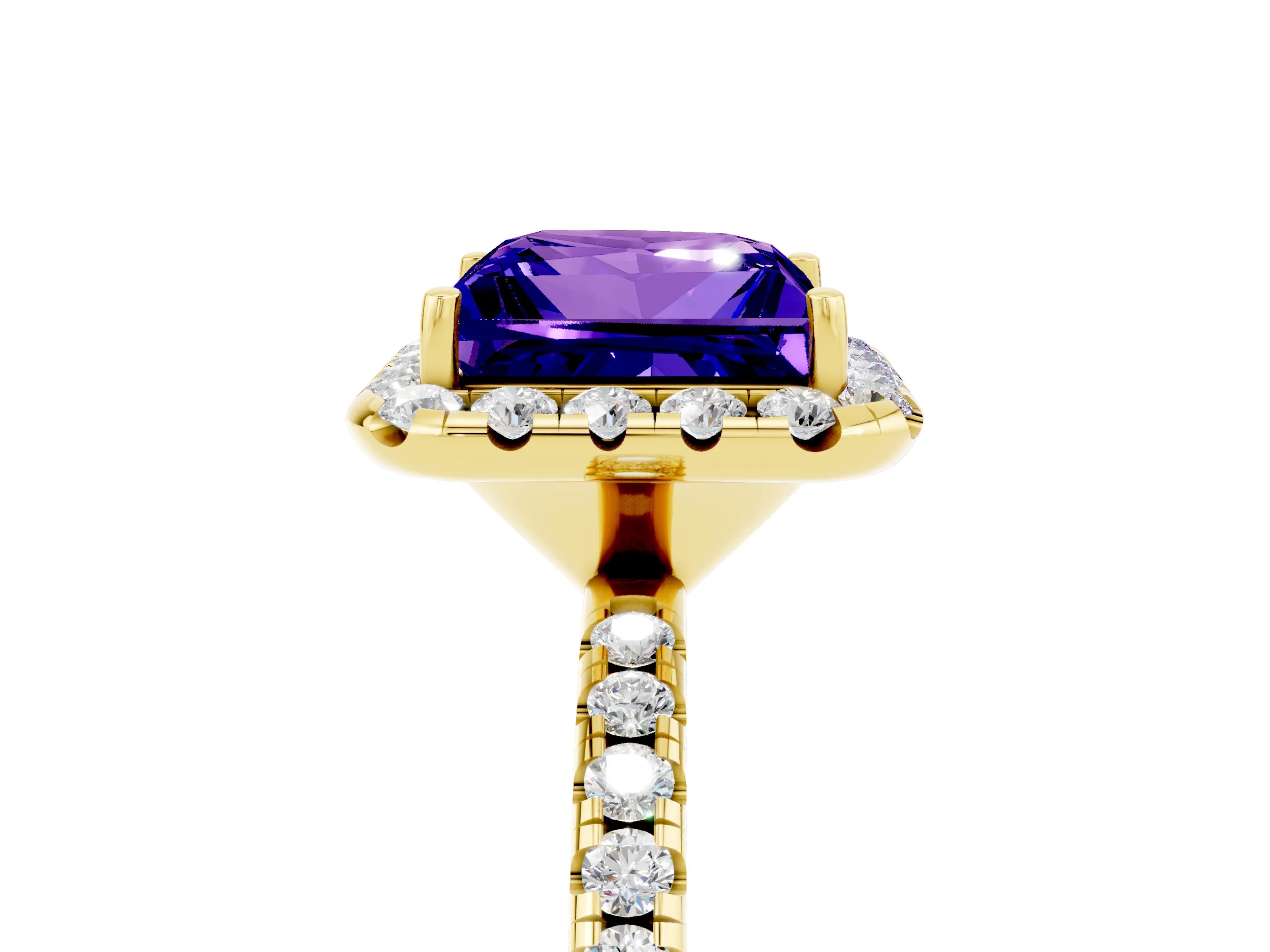 Yellow gold Princess Cut Halo Round Diamond Pavé Band Four-Prong Ring_5