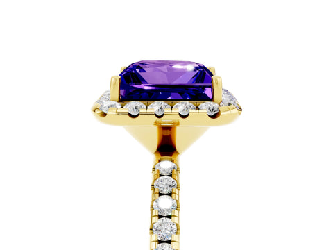 Yellow gold Princess Cut Halo Round Diamond Pavé Band Four-Prong Ring_5
