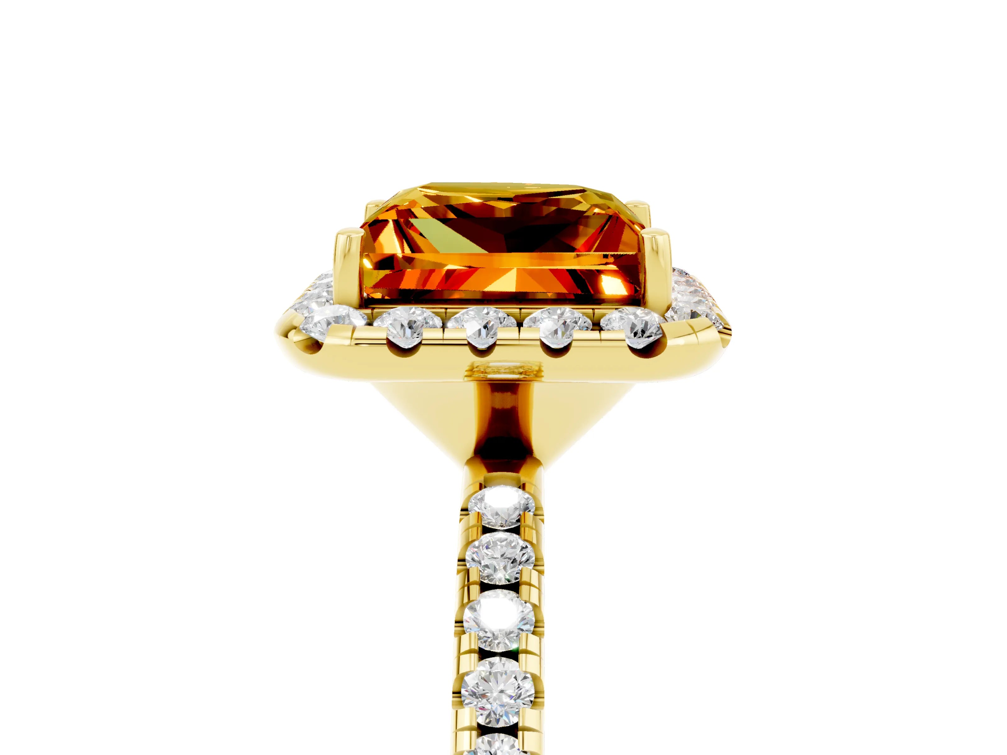 Yellow gold Princess Cut Halo Round Diamond Pavé Band Four-Prong Ring_5