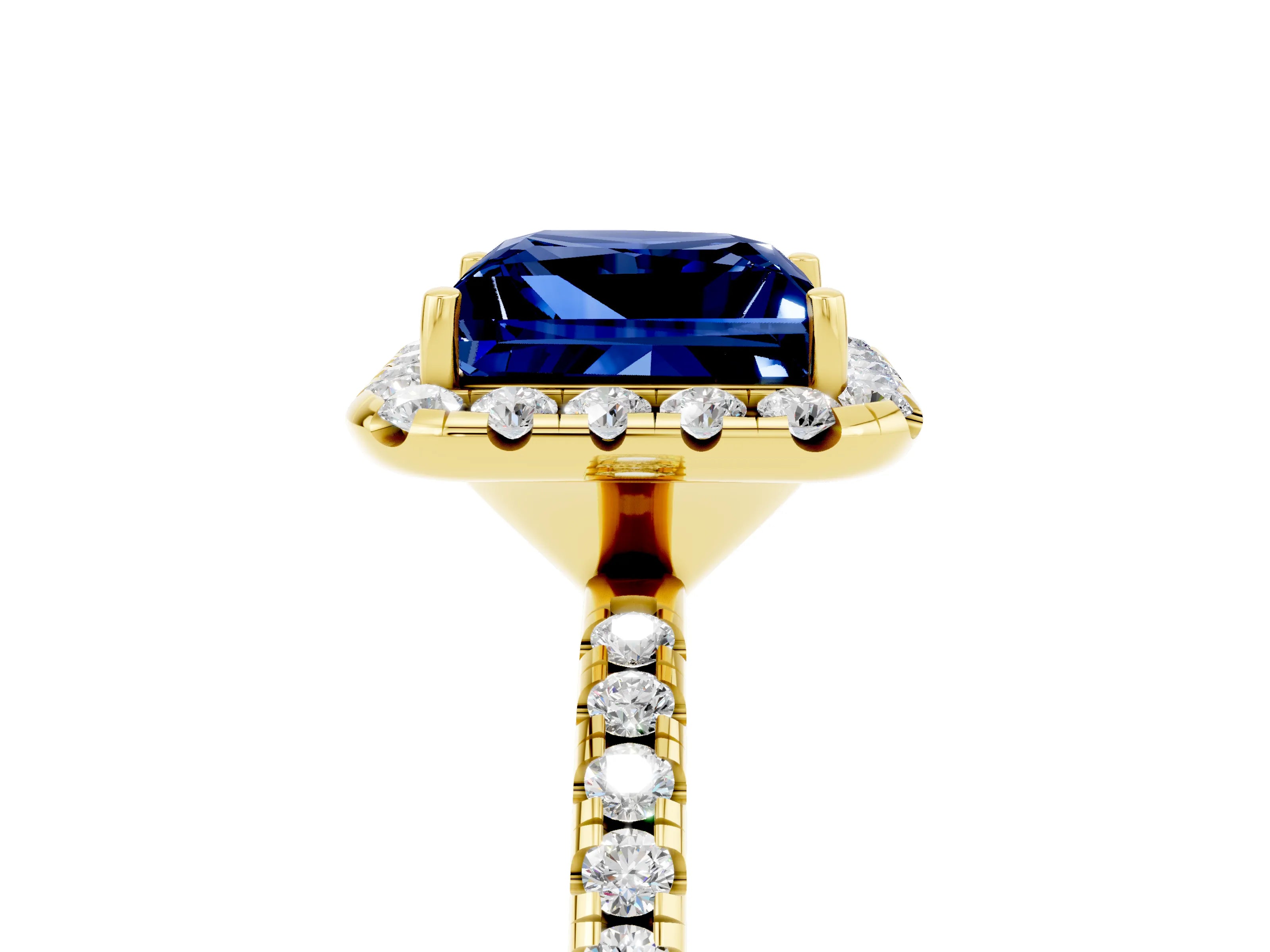 Yellow gold Princess Cut Halo Round Diamond Pavé Band Four-Prong Ring_5