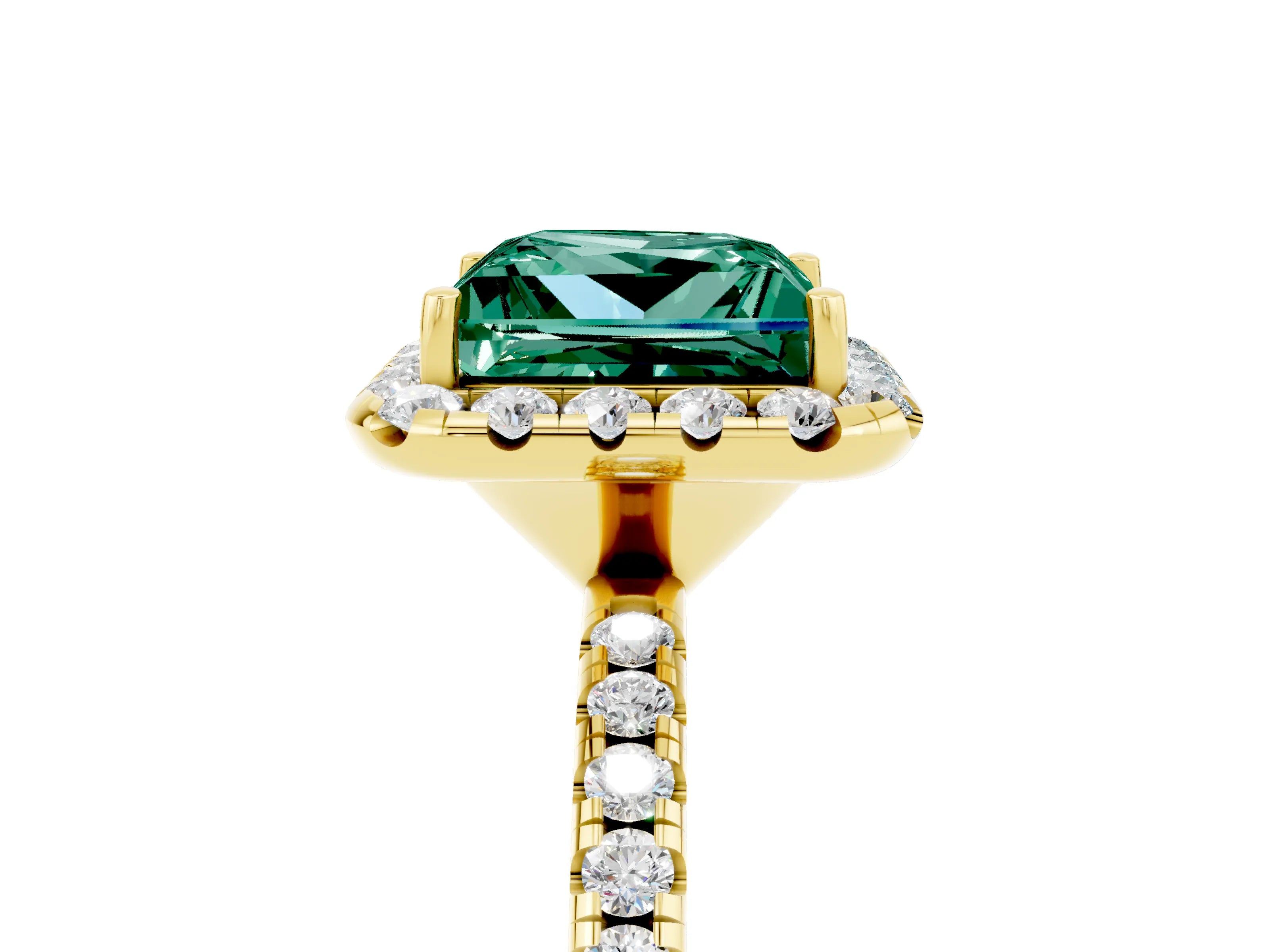 Yellow gold Princess Cut Halo Round Diamond Pavé Band Four-Prong Ring_5