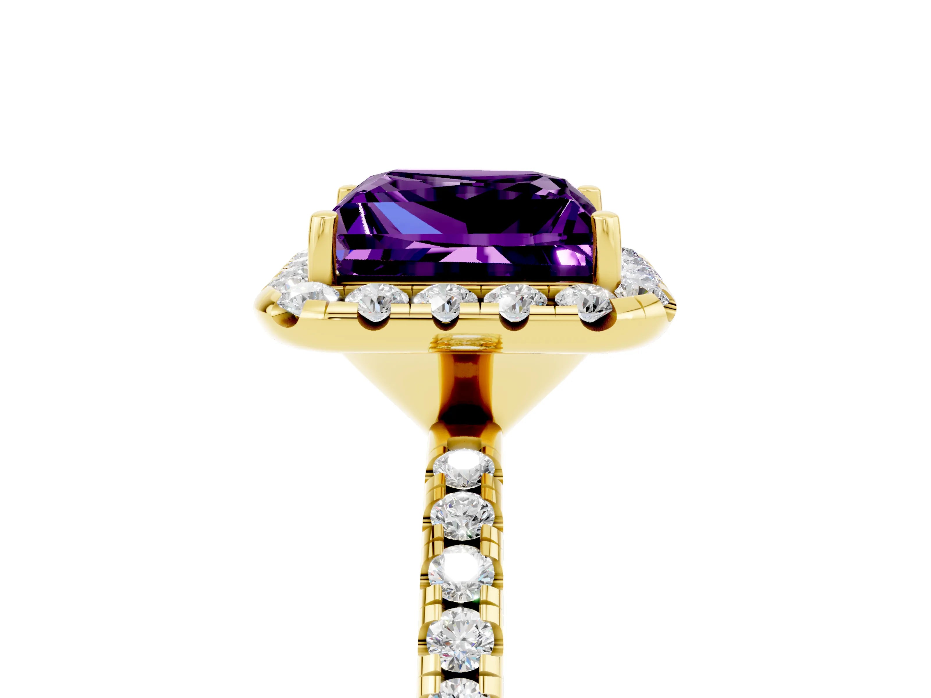 Yellow gold Princess Cut Halo Round Diamond Pavé Band Four-Prong Ring_5