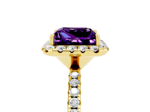 Yellow gold Princess Cut Halo Round Diamond Pavé Band Four-Prong Ring_5