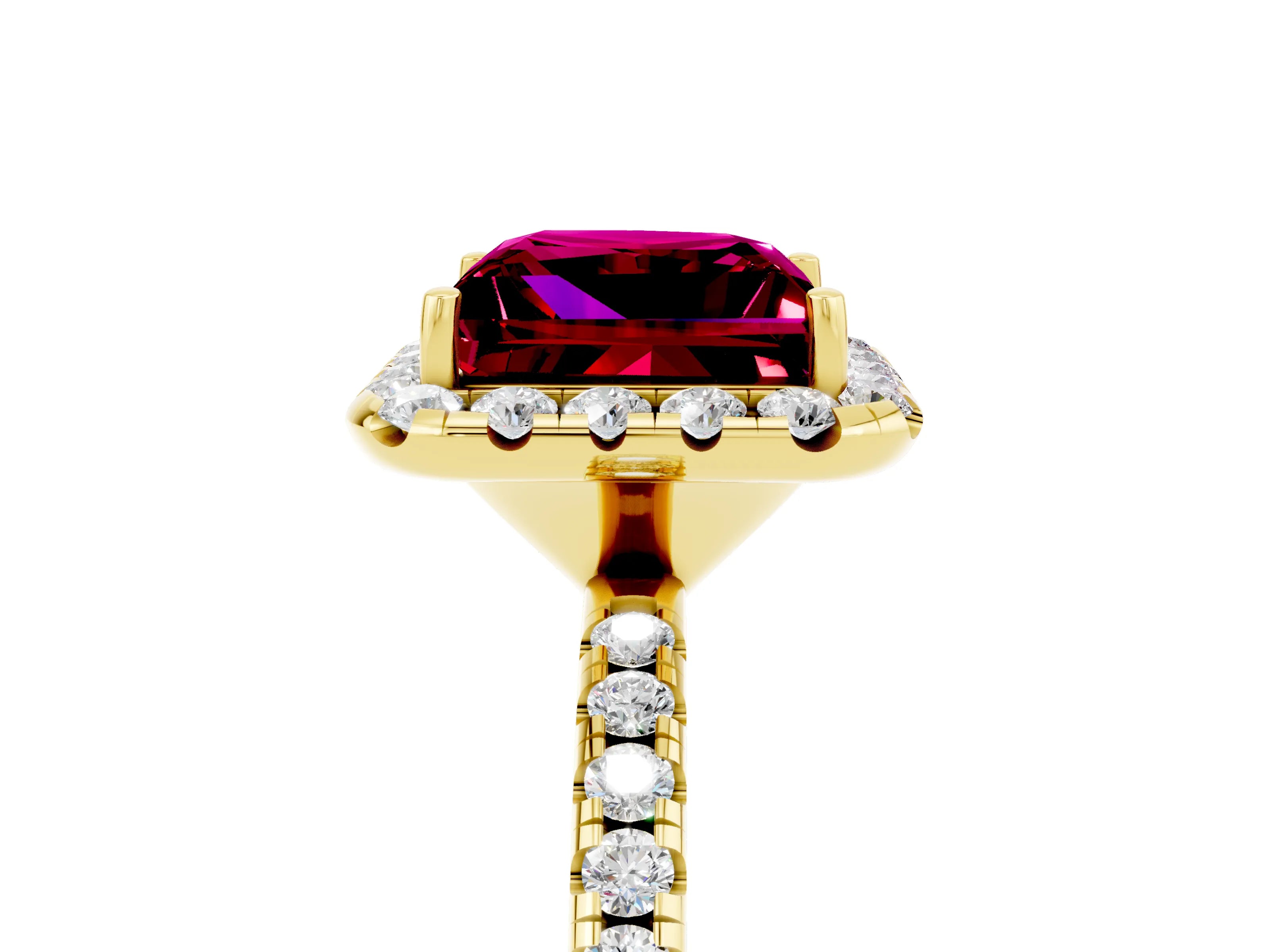 Yellow gold Princess Cut Halo Round Diamond Pavé Band Four-Prong Ring_5