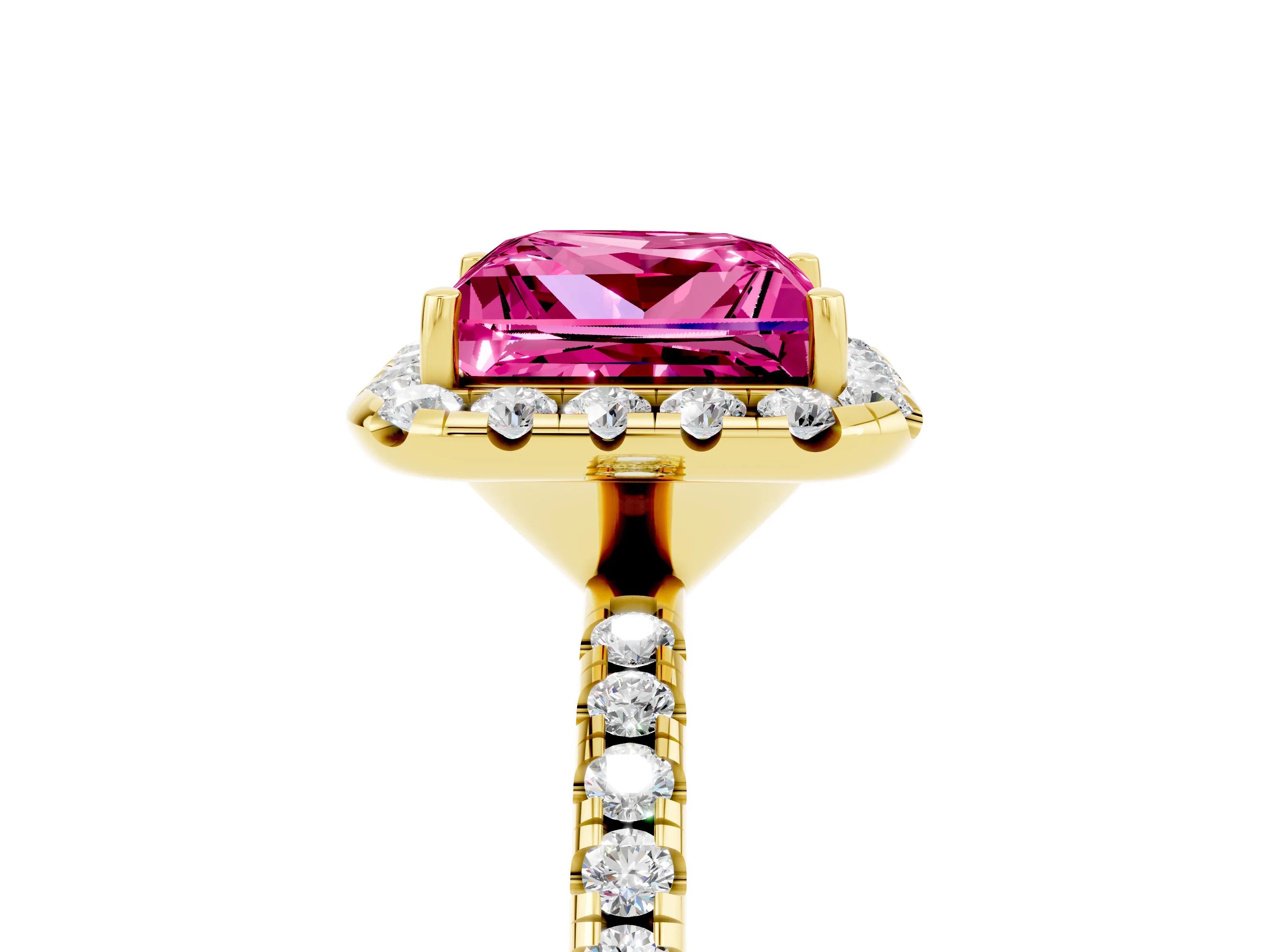 Yellow gold Princess Cut Halo Round Diamond Pavé Band Four-Prong Ring_5