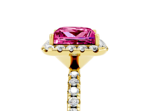 Yellow gold Princess Cut Halo Round Diamond Pavé Band Four-Prong Ring_5