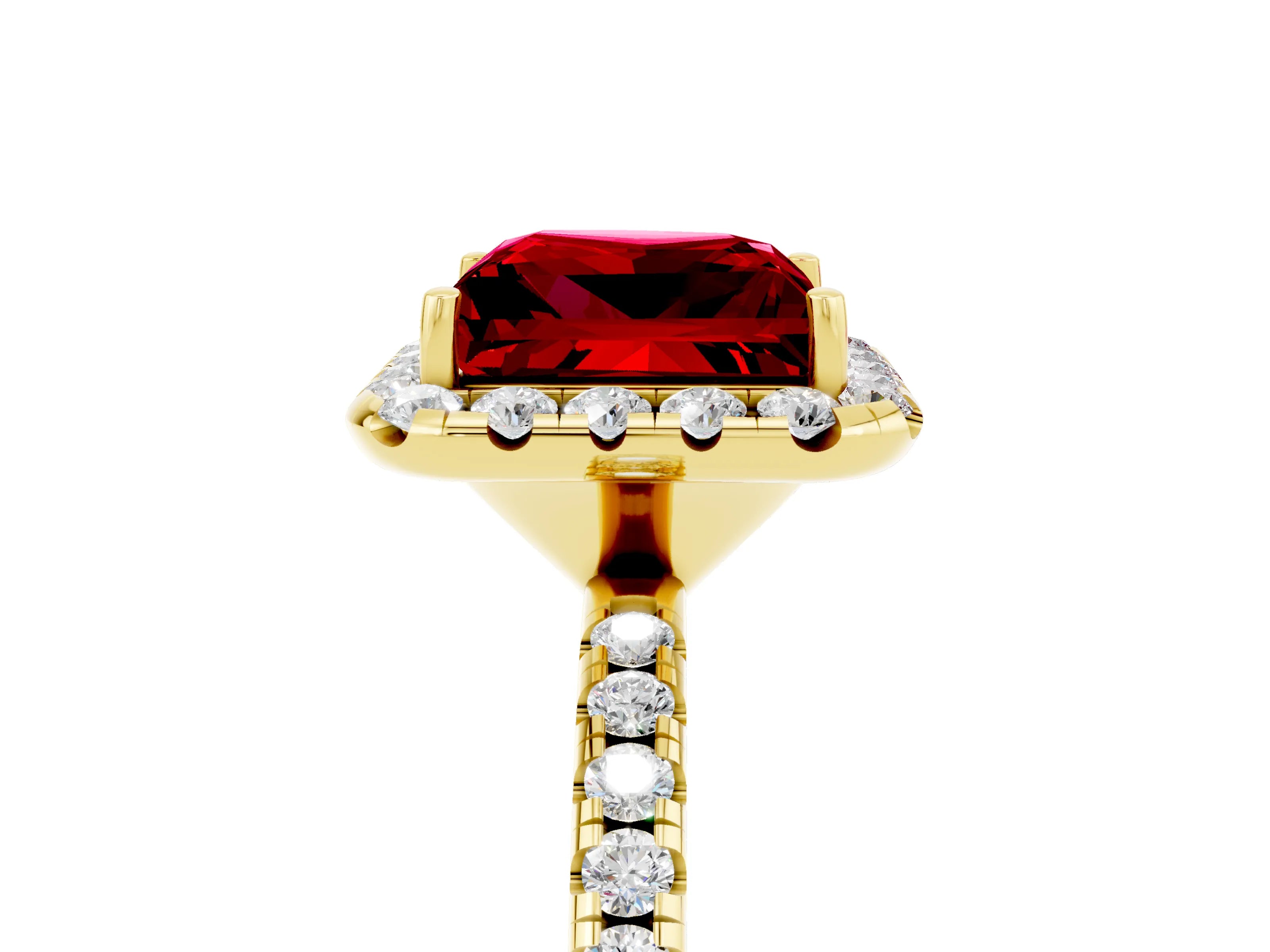 Yellow gold Princess Cut Halo Round Diamond Pavé Band Four-Prong Ring_5