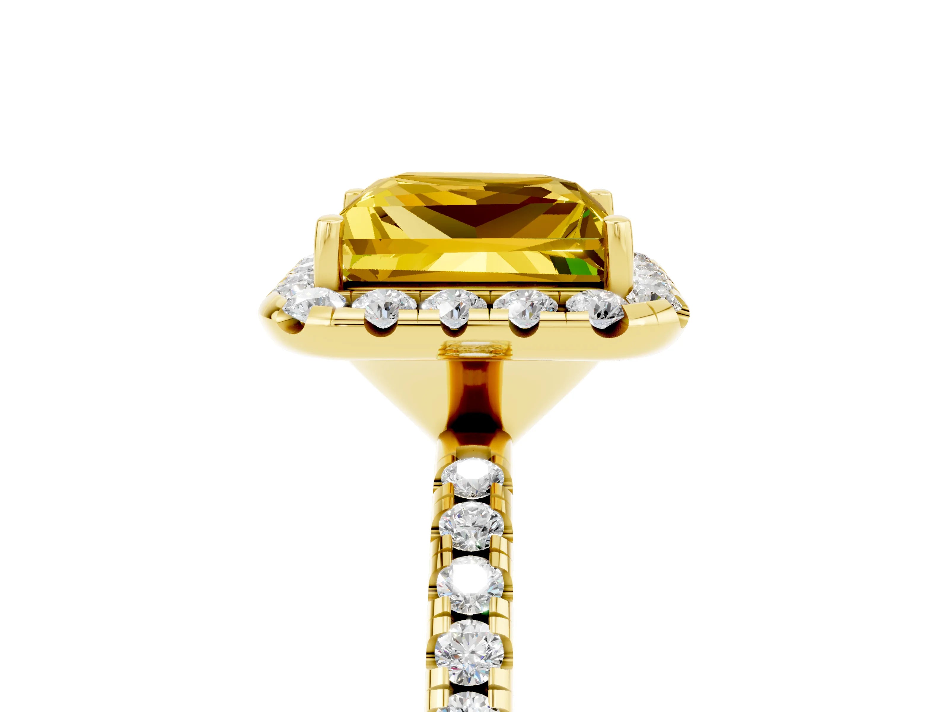 Yellow gold Princess Cut Halo Round Diamond Pavé Band Four-Prong Ring_5