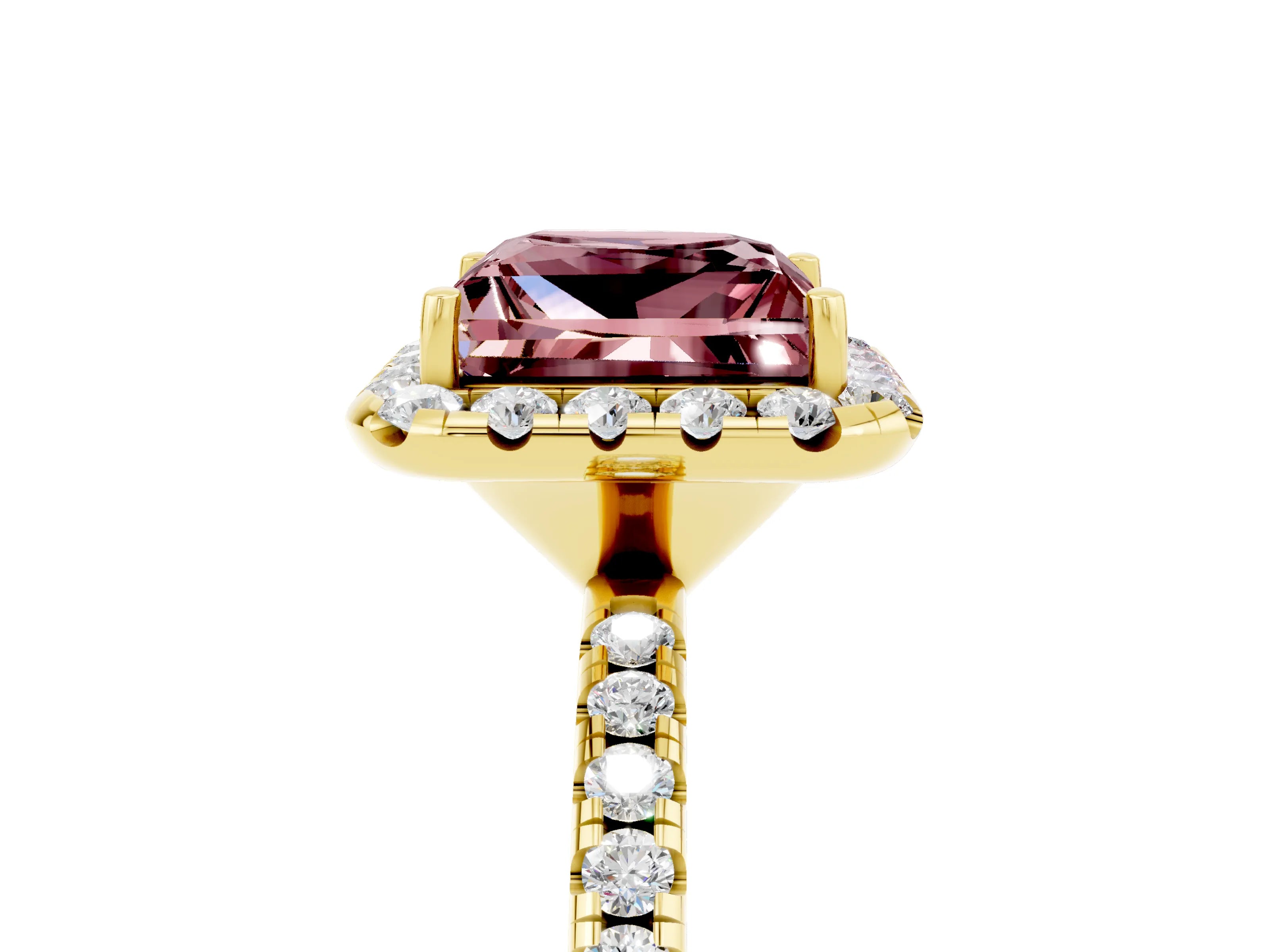 Yellow gold Princess Cut Halo Round Diamond Pavé Band Four-Prong Ring_5