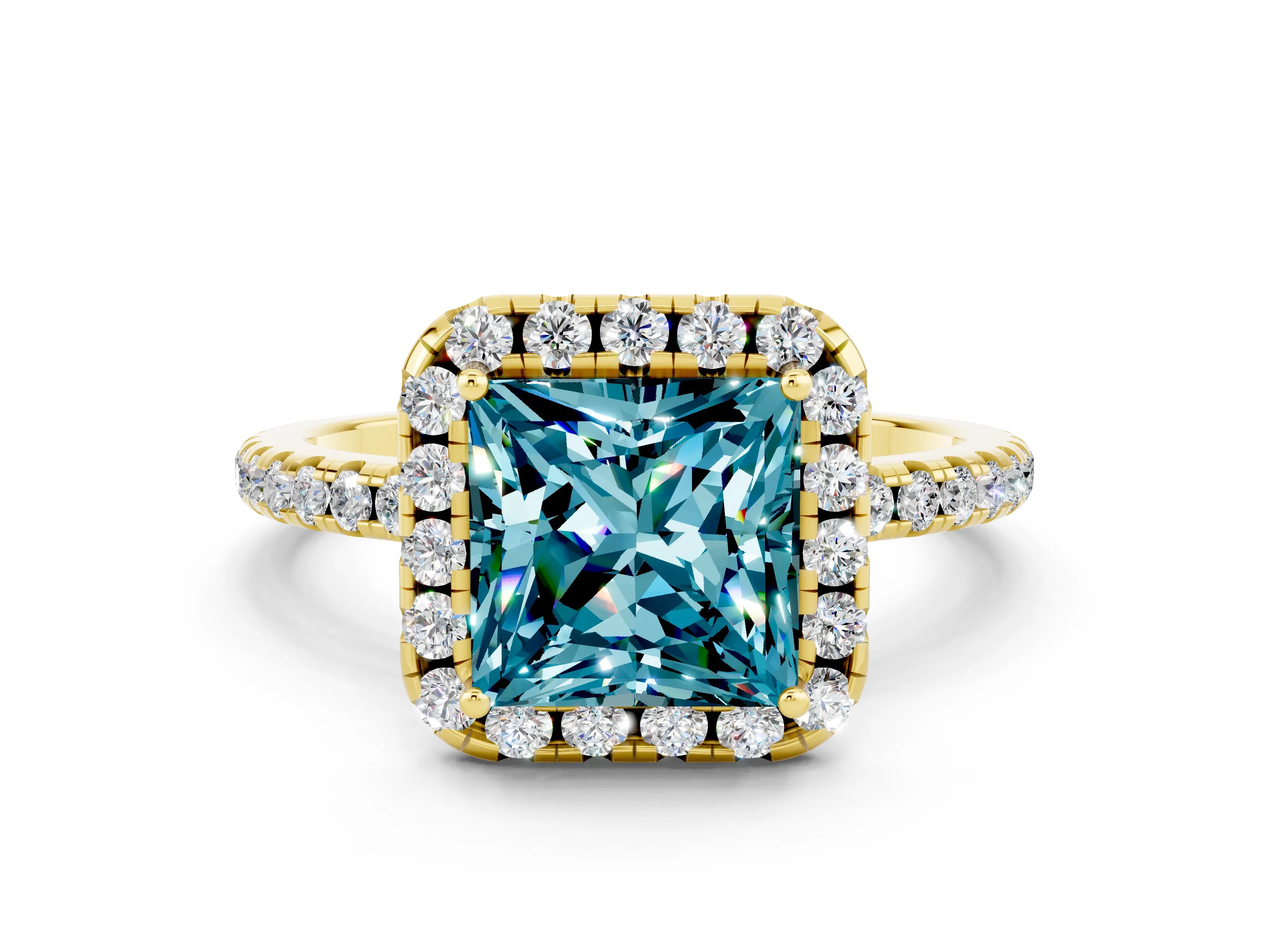 Yellow gold Princess Cut Halo Round Diamond Pavé Band Four-Prong Ring