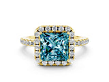 Yellow gold Princess Cut Halo Round Diamond Pavé Band Four-Prong Ring