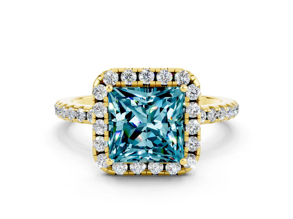 Yellow gold Princess Cut Halo Round Diamond Pavé Band Four-Prong Ring