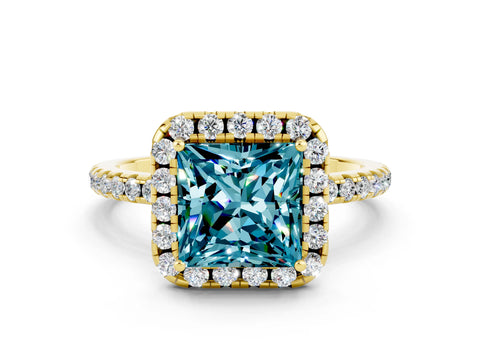 Yellow gold Princess Cut Halo Round Diamond Pavé Band Four-Prong Ring
