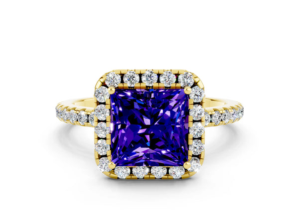 Yellow gold Princess Cut Tanzanite Halo Ring with Round Pavé Band and Prong Setting