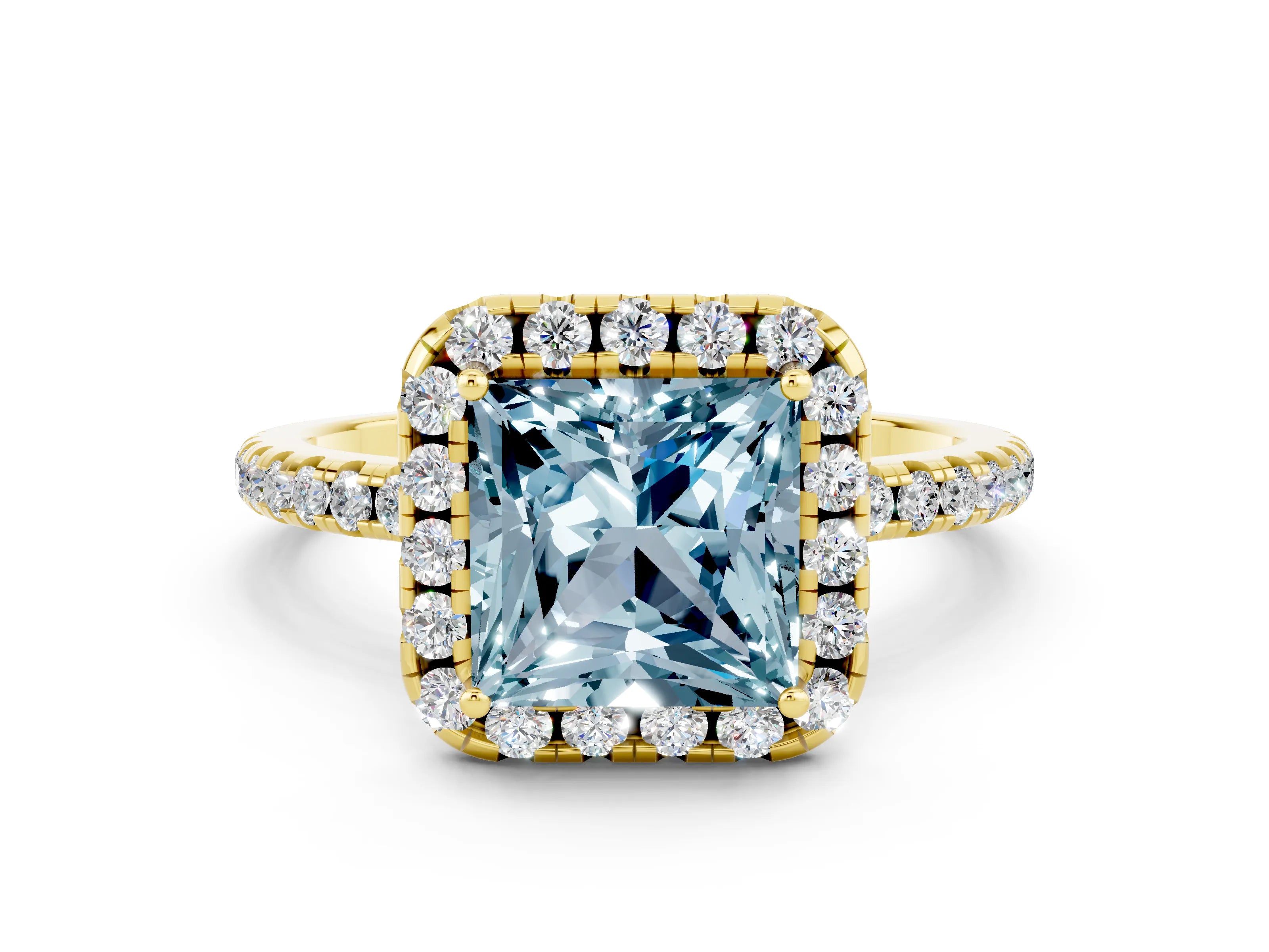Yellow gold Princess Cut Halo Round Diamond Pavé Band Four-Prong Ring