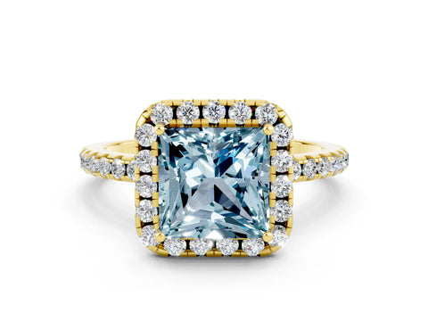 Yellow gold Princess Cut Halo Round Diamond Pavé Band Four-Prong Ring
