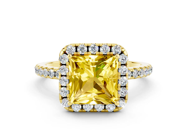 Yellow gold Princess Cut Yellow Sapphire Halo Ring with Round Pavé Band and Prong Setting