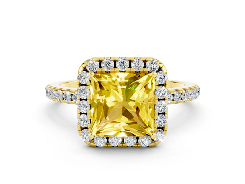 Yellow gold Princess Cut Halo Round Diamond Pavé Band Four-Prong Ring