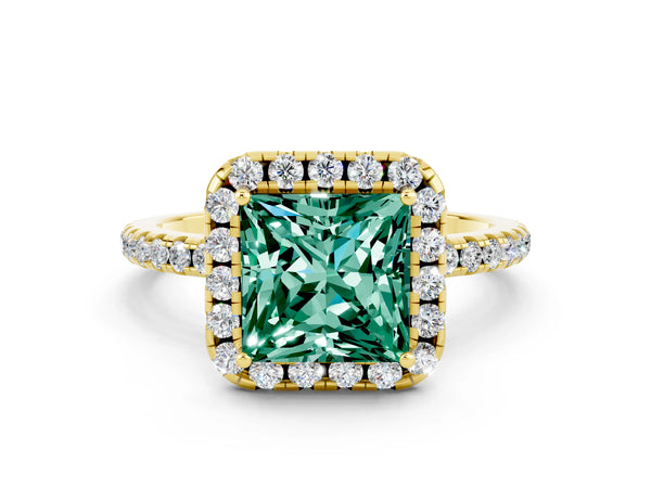 Yellow gold Princess Cut Green Sapphire Halo Ring with Round Pavé Band and Prong Setting