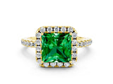 Yellow gold Princess Cut Halo Round Diamond Pavé Band Four-Prong Ring