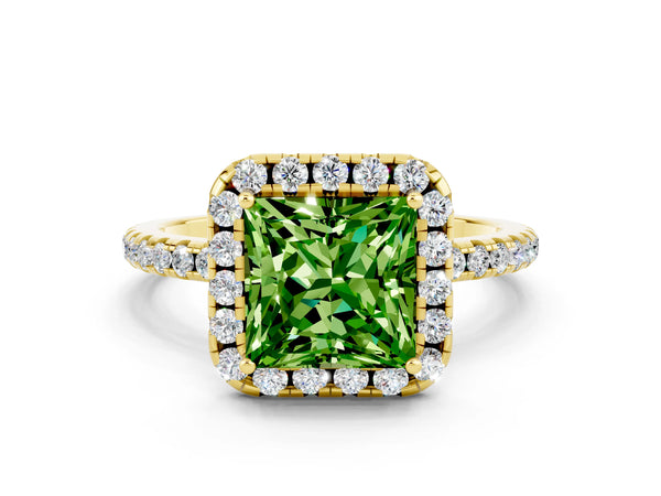 Yellow gold Princess Cut Halo Round Diamond Pavé Band Four-Prong Ring