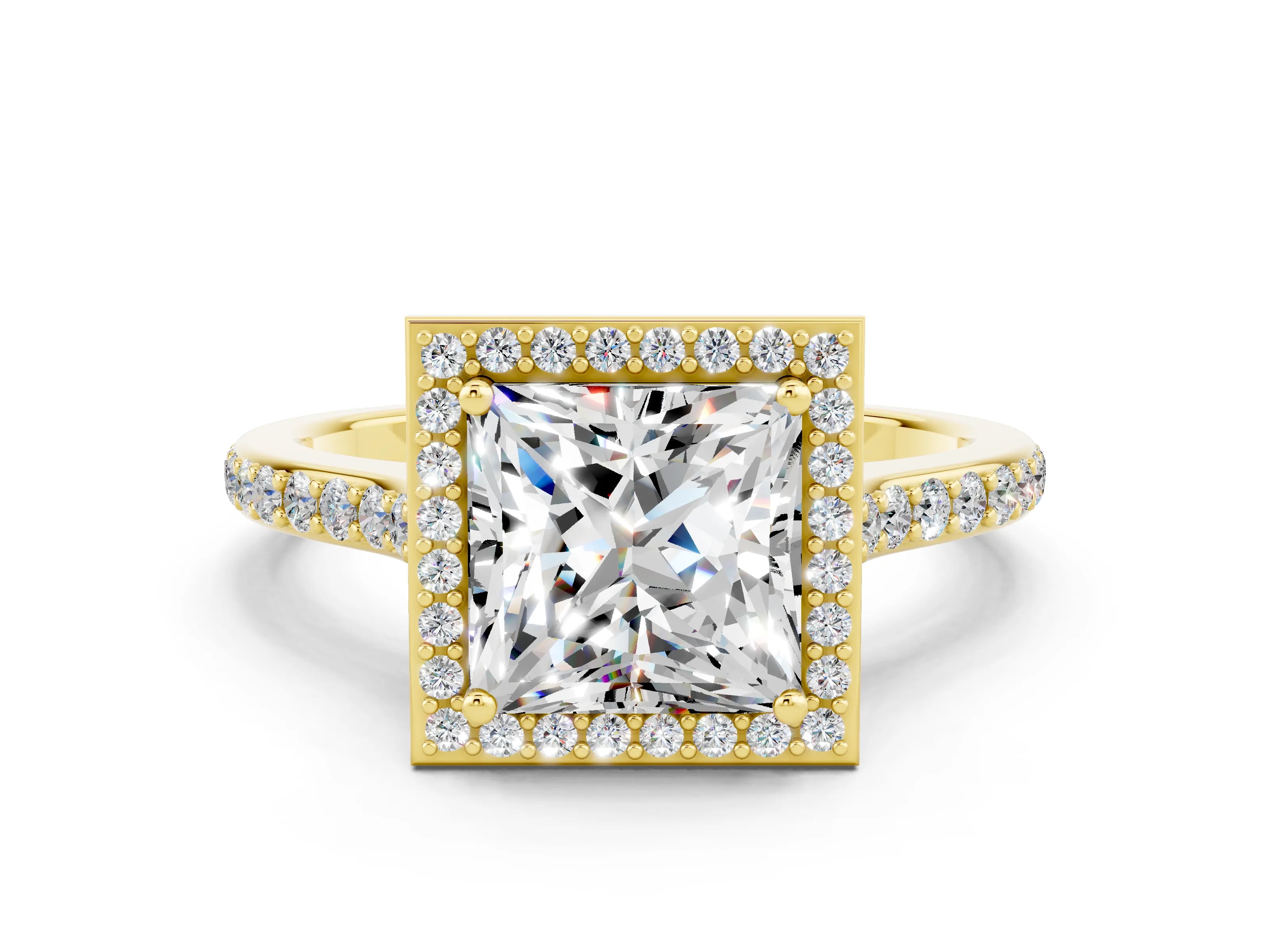 Yellow gold Princess Cut Halo Round Diamond Pavé Band with Four-Prong Setting