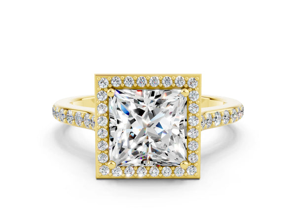 Yellow gold Princess Cut Moissanite Halo Engagement Ring with Round Pavé Shoulders and Prong Setting