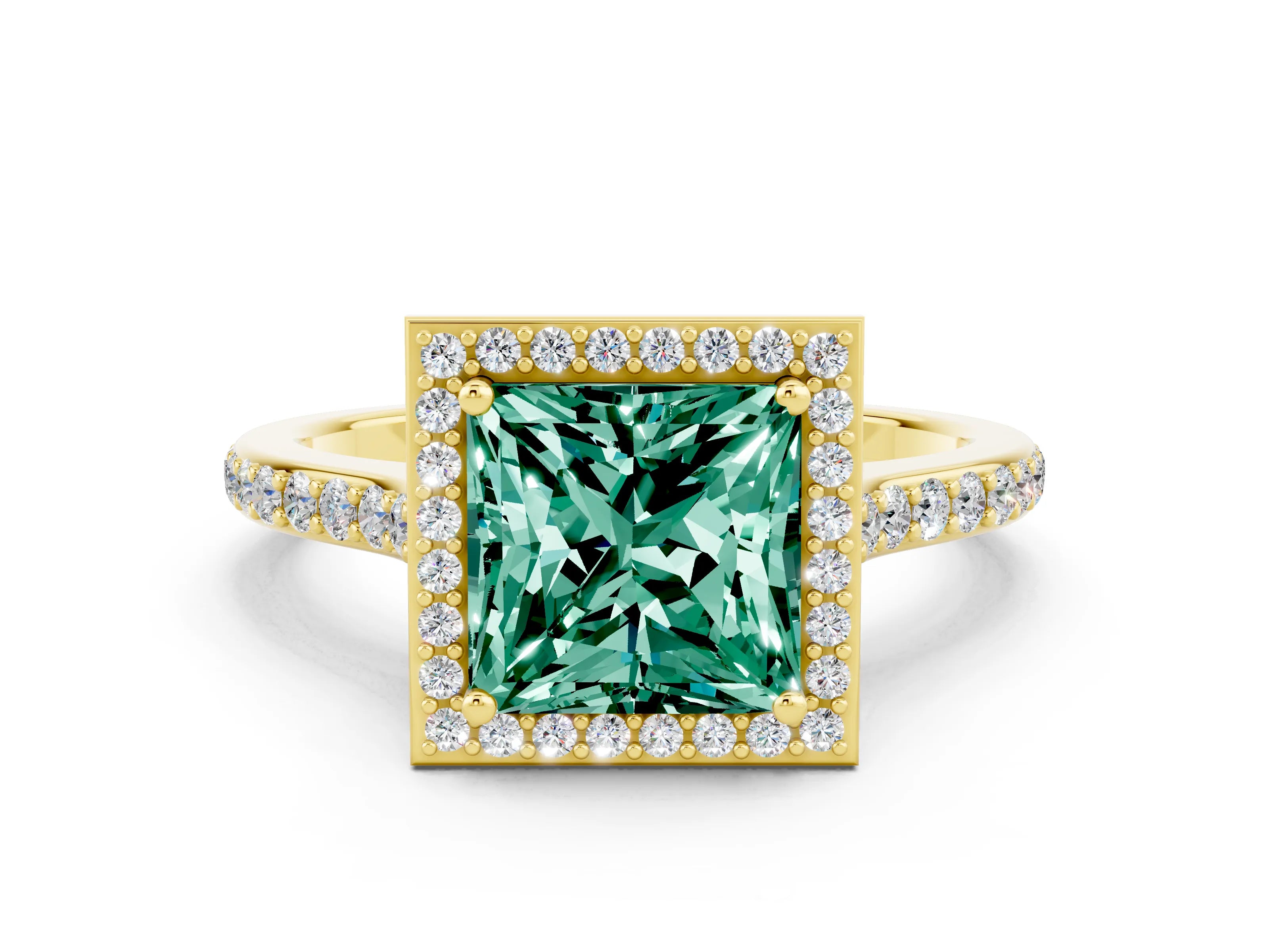 Yellow gold Princess Cut Halo Round Diamond Pavé Band with Four-Prong Setting