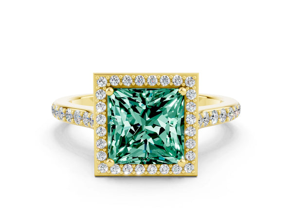 Yellow gold Princess Cut Green Sapphire Halo Engagement Ring with Round Pavé Shoulders and Prong Setting
