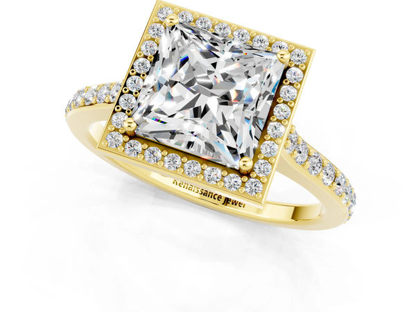 Yellow gold Princess Cut Moissanite Halo Engagement Ring with Round Pavé Shoulders and Prong Setting