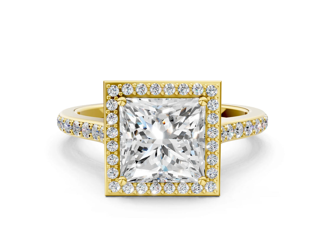 Yellow gold Princess Cut Halo Round Diamond Pavé Band with Four-Prong Setting_15