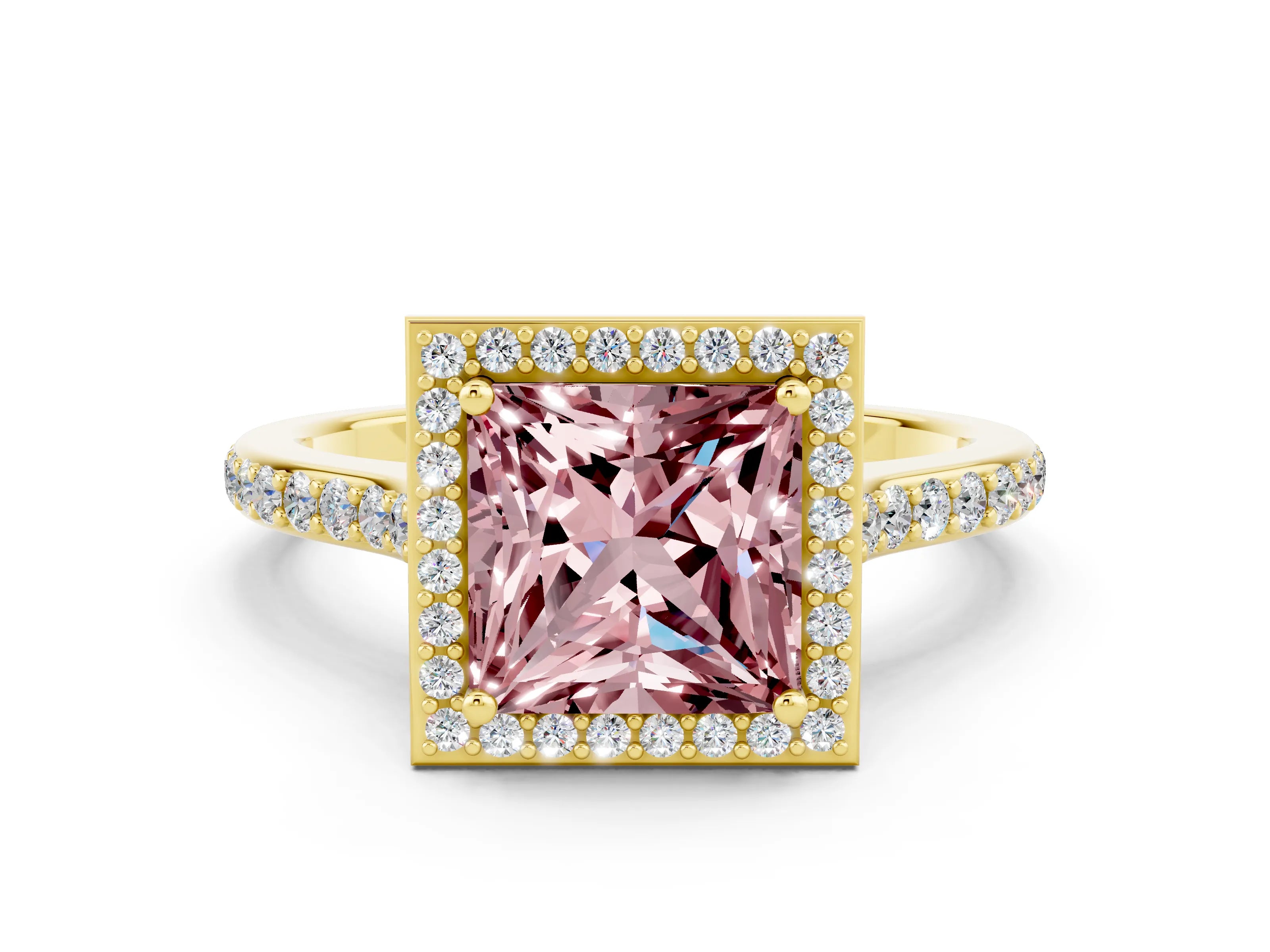 Yellow gold Princess Cut Halo Round Diamond Pavé Band with Four-Prong Setting