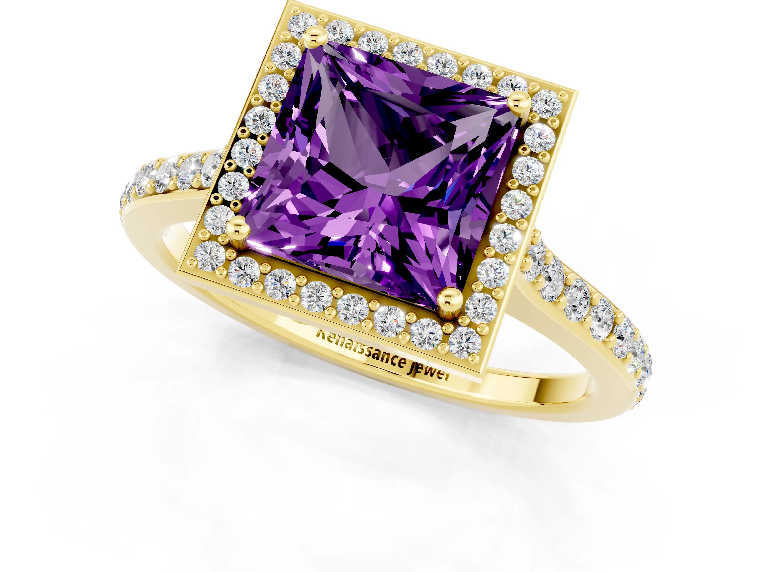 Yellow gold Princess Cut Halo Round Diamond Pavé Band with Four-Prong Setting_1