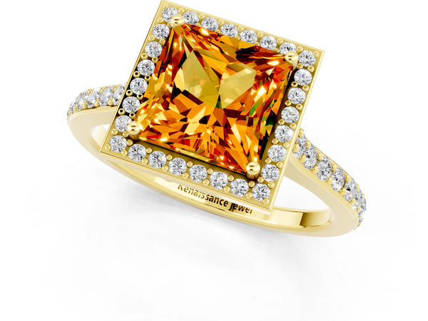 Yellow gold Princess Cut Citrine Halo Engagement Ring with Round Pavé Shoulders and Prong Setting