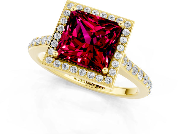 Yellow gold Princess Cut Garnet Halo Engagement Ring with Round Pavé Shoulders and Prong Setting