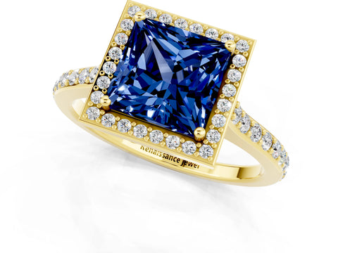 Yellow gold Princess Cut Halo Round Diamond Pavé Band with Four-Prong Setting_1