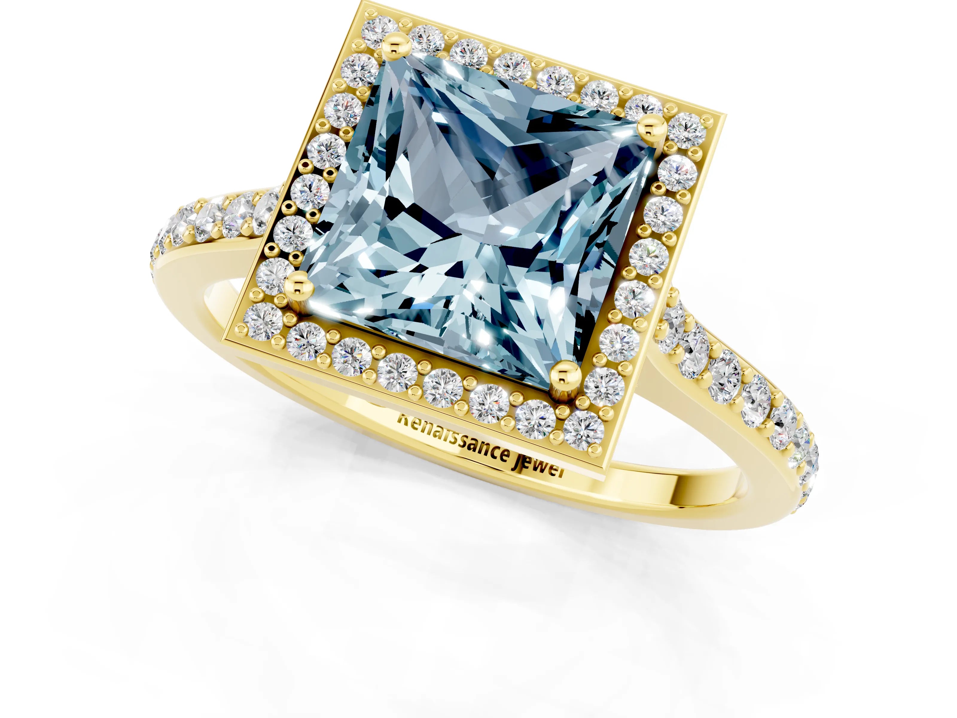 Yellow gold Princess Cut Halo Round Diamond Pavé Band with Four-Prong Setting_1