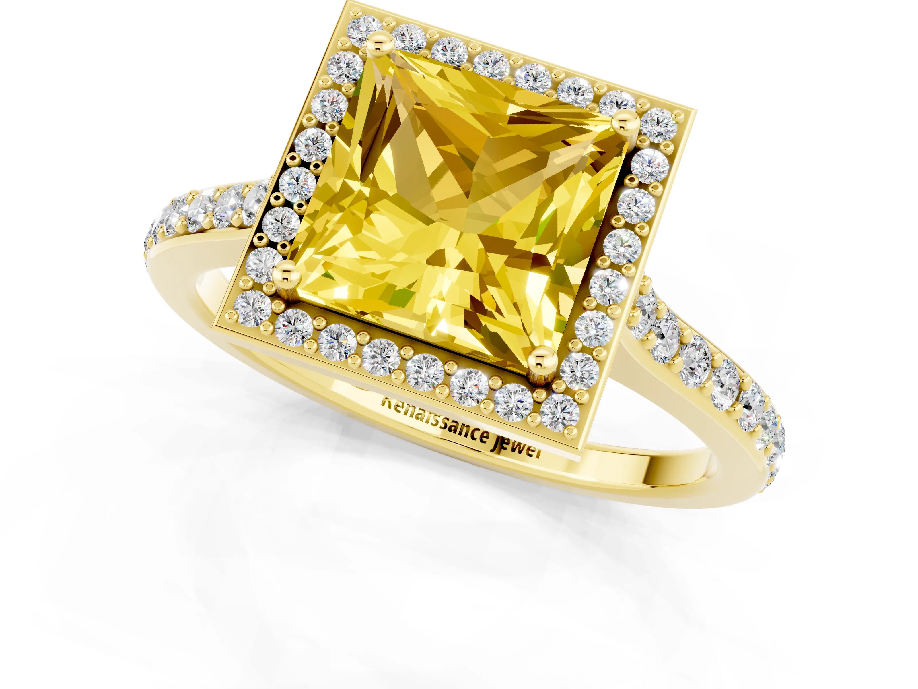 Yellow gold Princess Cut Halo Round Diamond Pavé Band with Four-Prong Setting_1