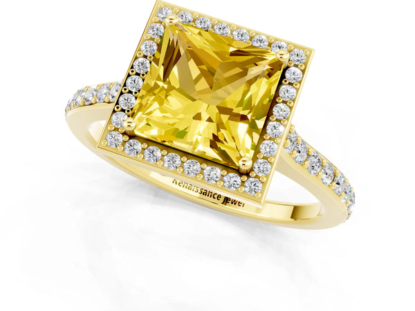 Yellow gold Princess Cut Yellow Sapphire Halo Engagement Ring with Round Pavé Shoulders and Prong Setting