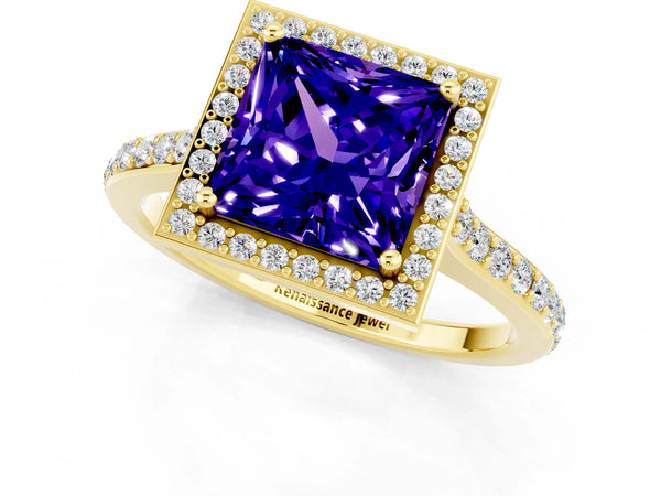 Yellow gold Princess Cut Tanzanite Halo Engagement Ring with Round Pavé Shoulders and Prong Setting