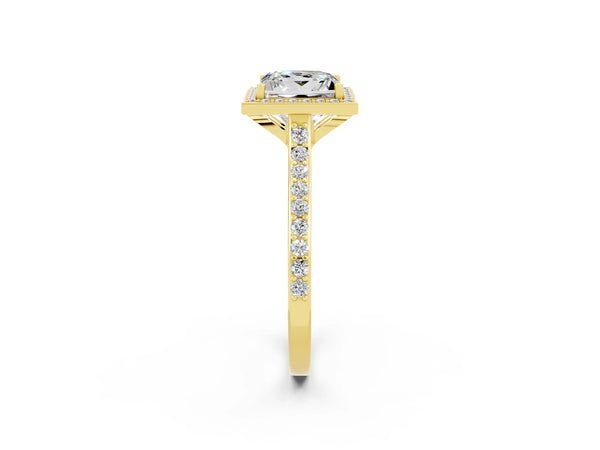 Yellow gold Princess Cut Moissanite Halo Engagement Ring with Round Pavé Shoulders and Prong Setting