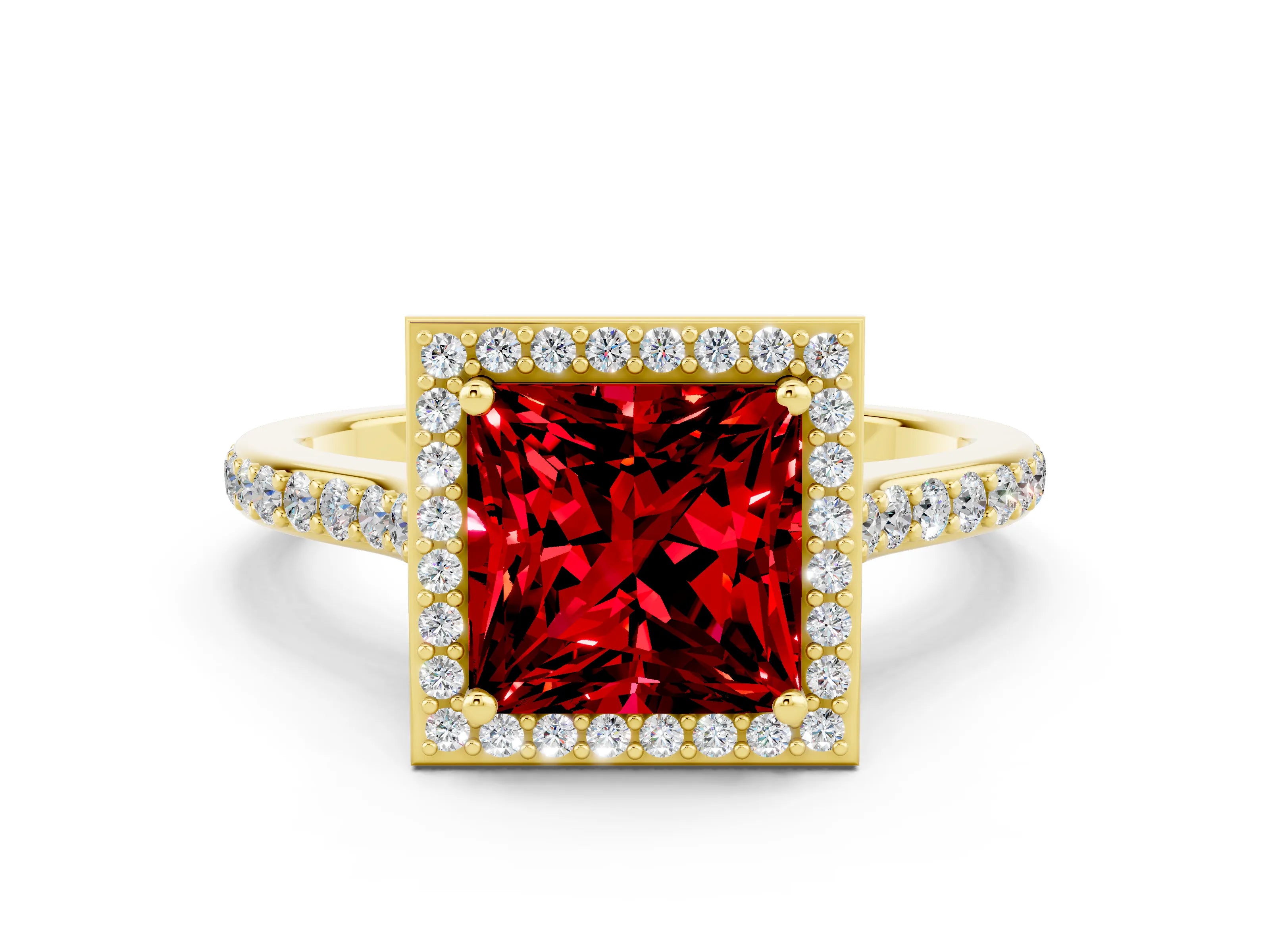 Yellow gold Princess Cut Halo Round Diamond Pavé Band with Four-Prong Setting