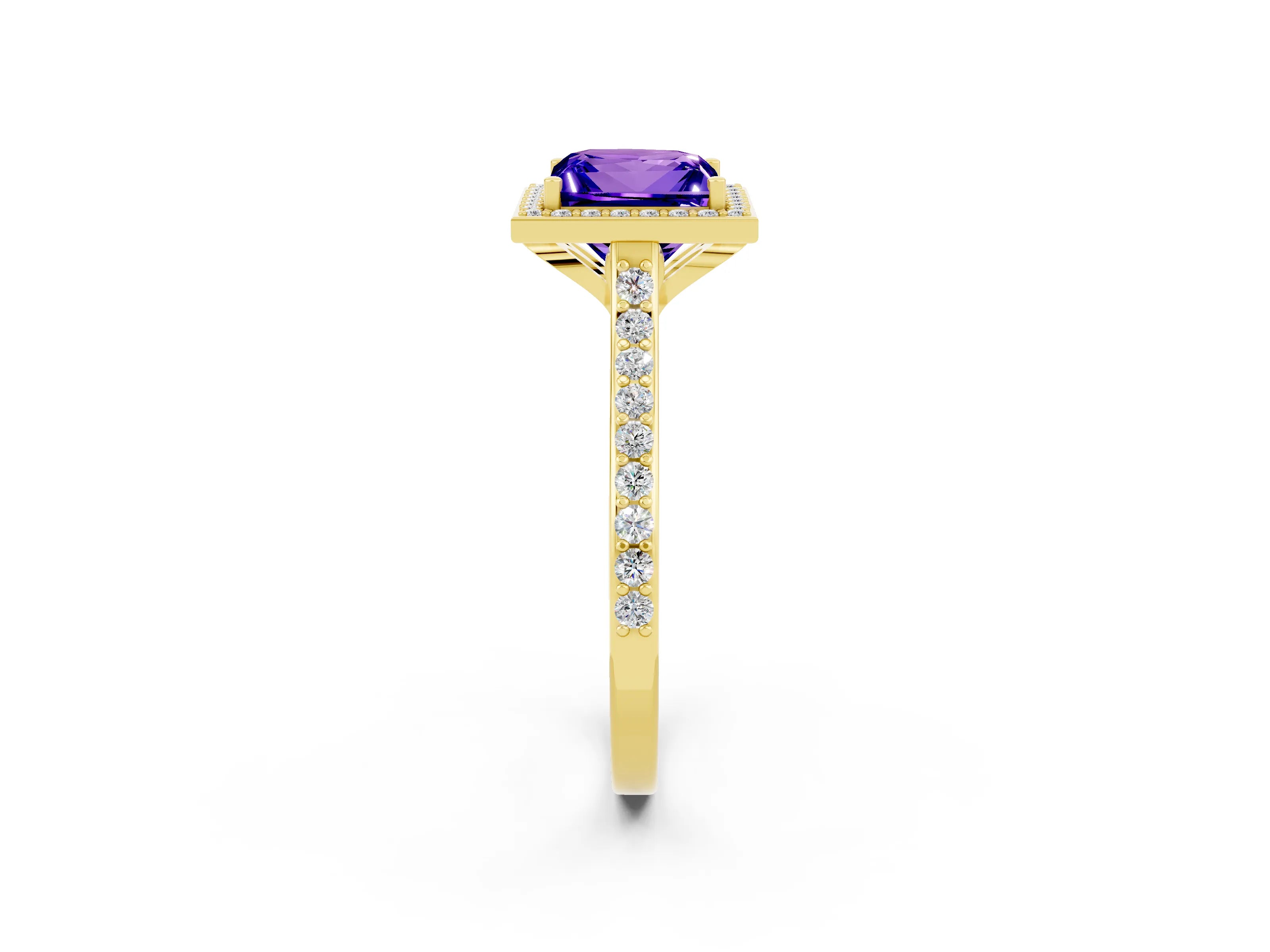 Yellow gold Princess Cut Halo Round Diamond Pavé Band with Four-Prong Setting_2