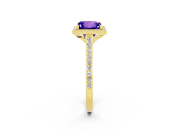 Yellow gold Princess Cut Tanzanite Halo Engagement Ring with Round Pavé Shoulders and Prong Setting