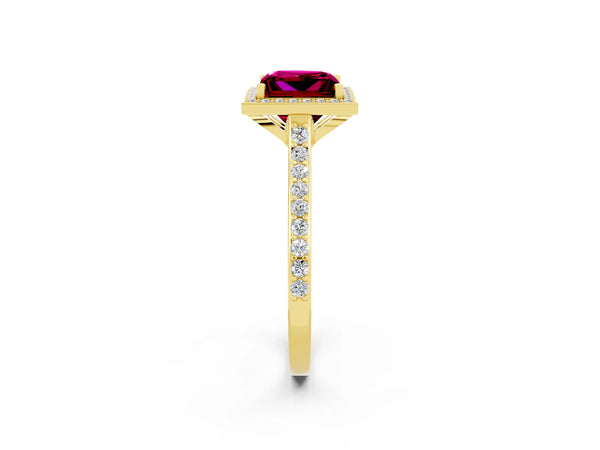 Yellow gold Princess Cut Garnet Halo Engagement Ring with Round Pavé Shoulders and Prong Setting