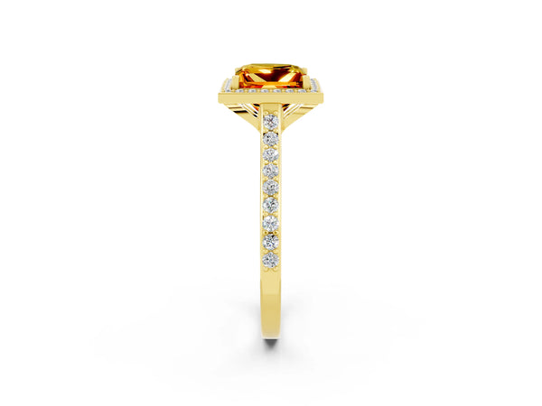Yellow gold Princess Cut Citrine Halo Engagement Ring with Round Pavé Shoulders and Prong Setting