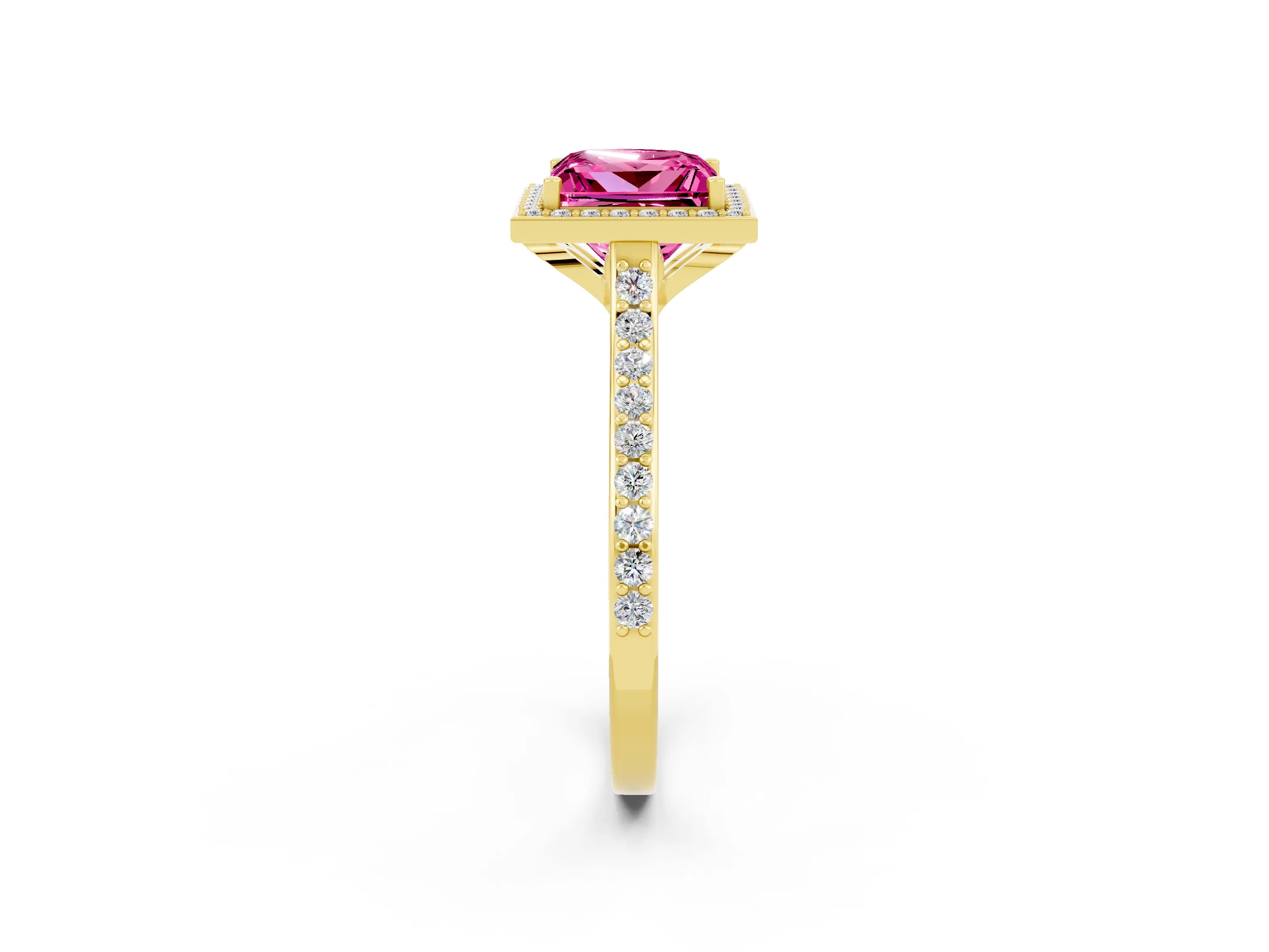 Yellow gold Princess Cut Halo Round Diamond Pavé Band with Four-Prong Setting_2