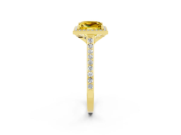 Yellow gold Princess Cut Yellow Sapphire Halo Engagement Ring with Round Pavé Shoulders and Prong Setting
