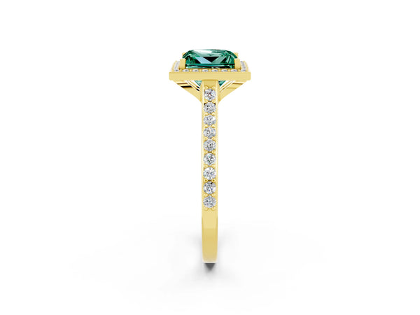 Yellow gold Princess Cut Green Sapphire Halo Engagement Ring with Round Pavé Shoulders and Prong Setting