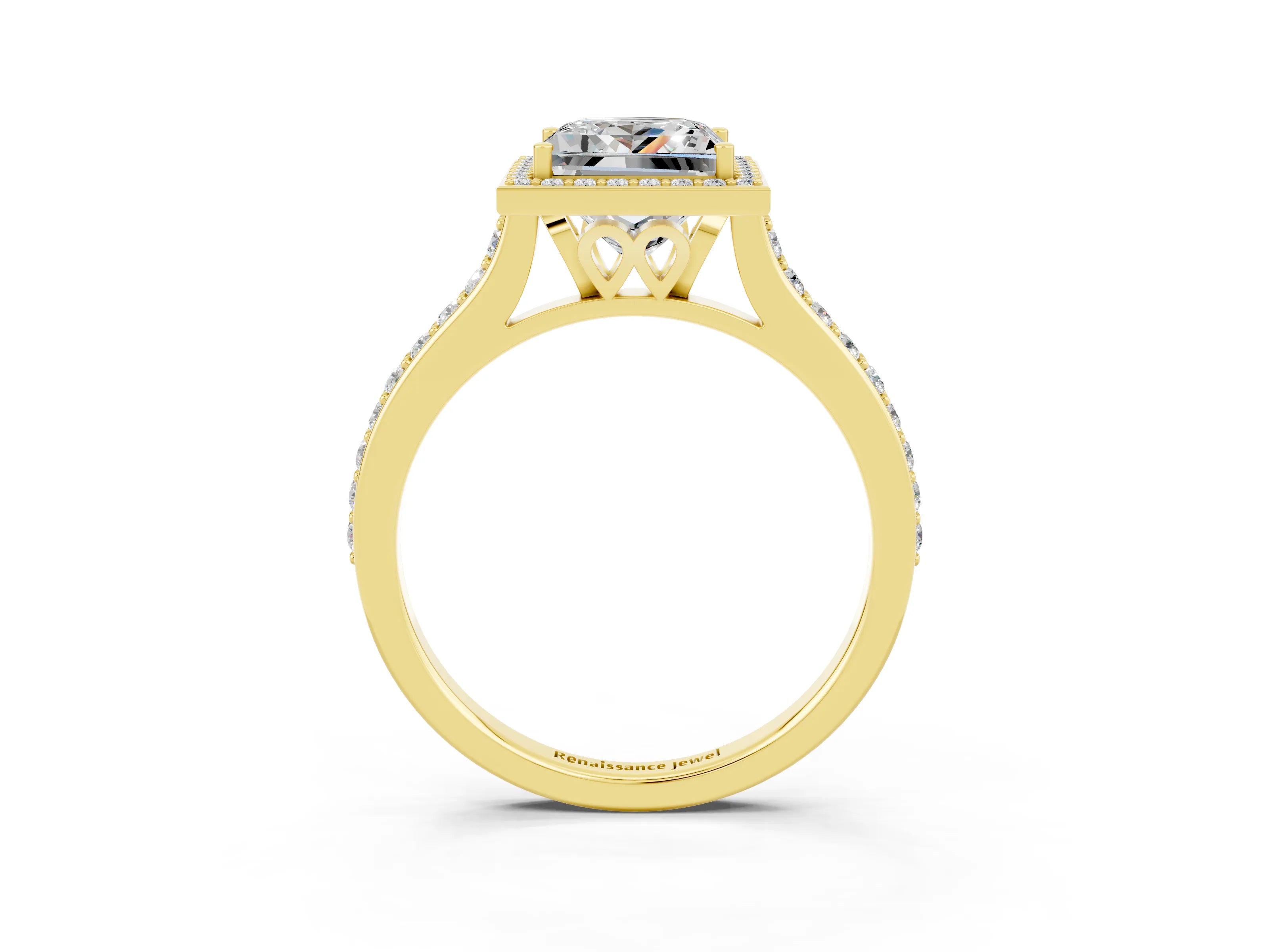 Yellow gold Princess Cut Halo Round Diamond Pavé Band with Four-Prong Setting_3
